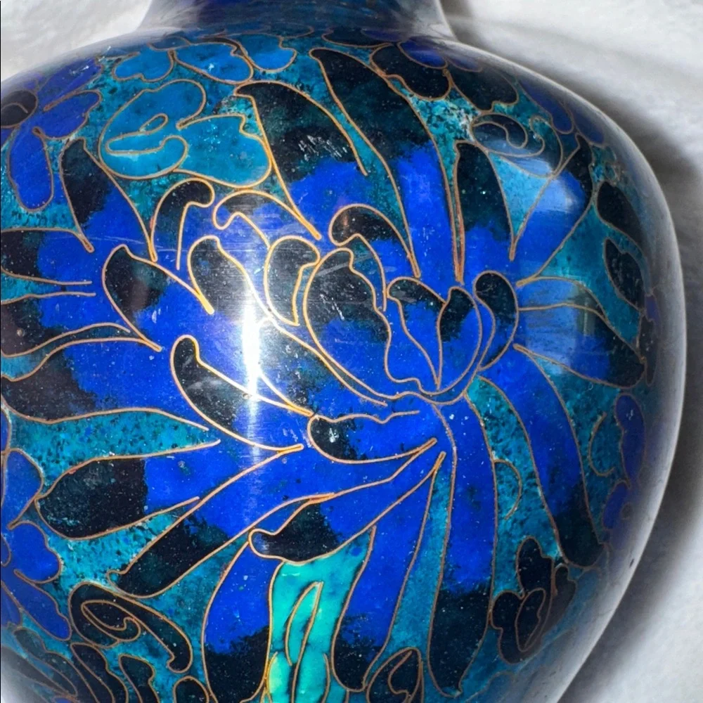 Vintage Chinese Cloisonne Vase Blue Floral Enamel Brass Accents 8 Inch Decor